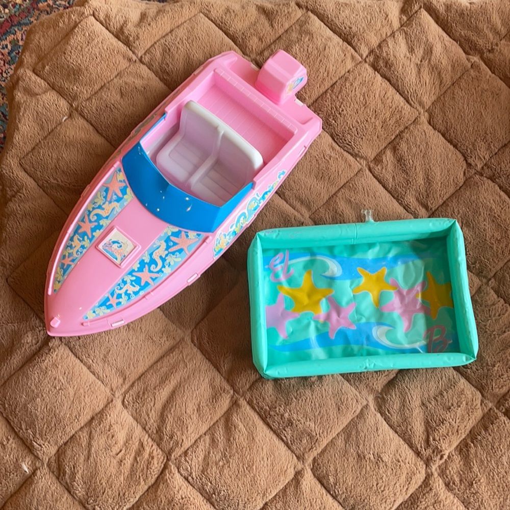 Vintage Barbie speed boat and inflatable pool